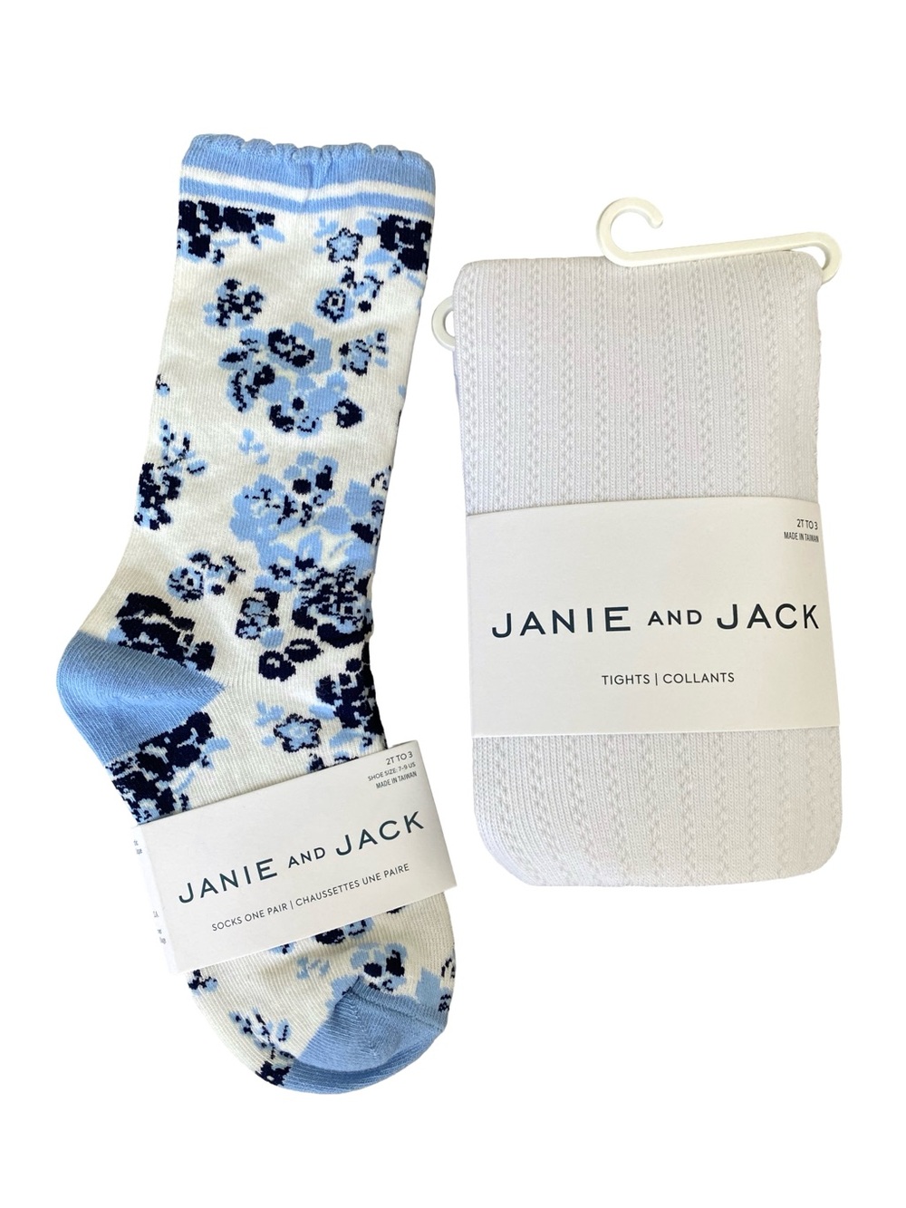 Janie and Jack White and Blue Floral Crew Socks + Tights Bundle NEW WITH TAGS